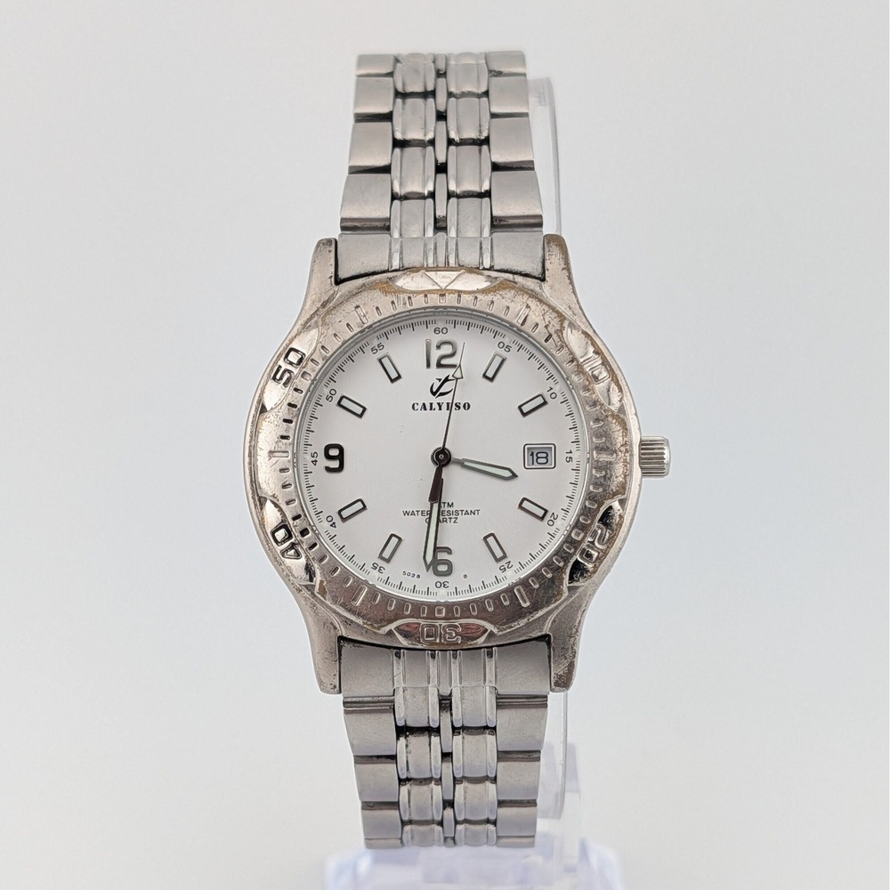 Calypso Quartz Watch White Dial Date Lume Stainless Steel 38mm 8.25" 5 ATM